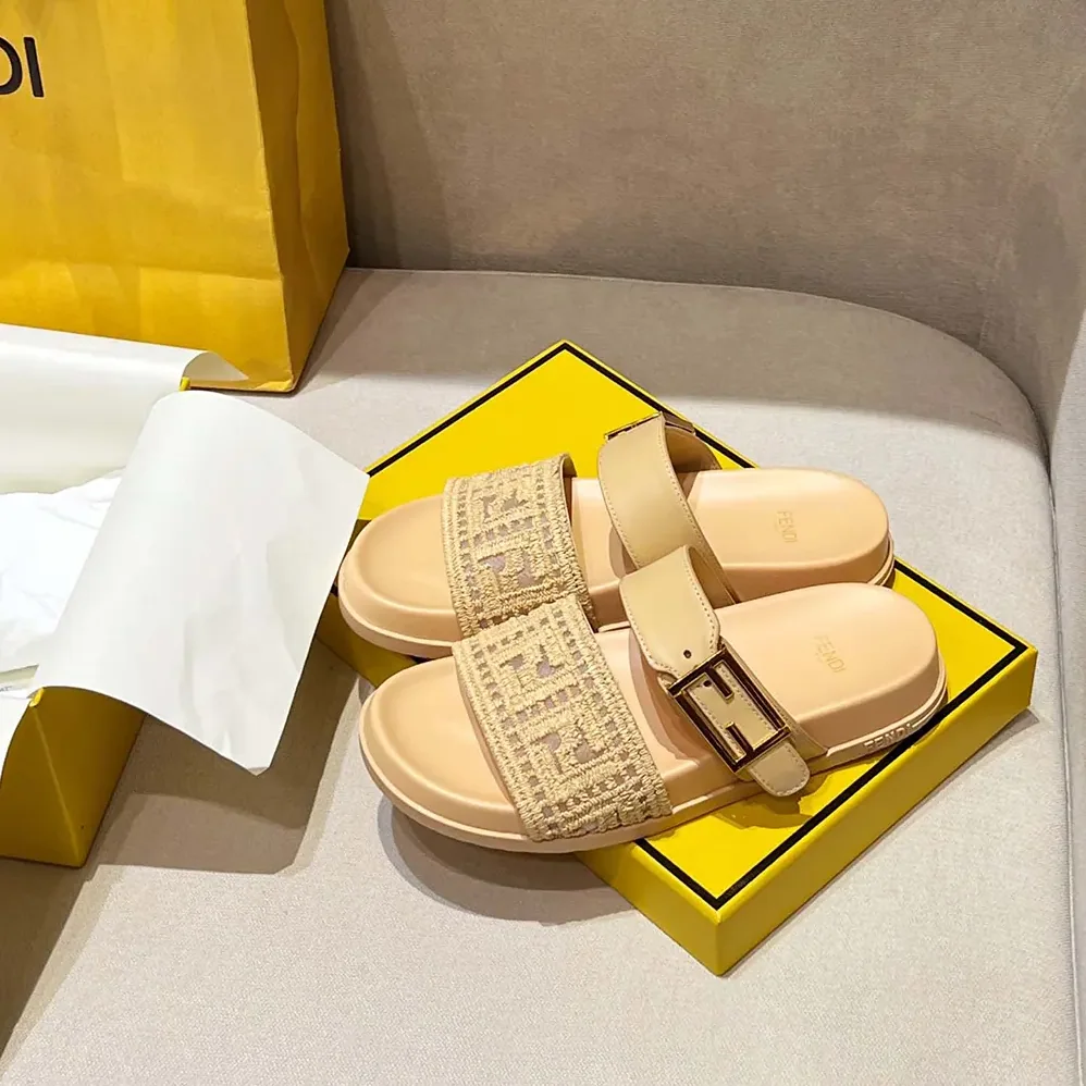 Fendi Feel Mesh Slides with Raffia FF Embroidery for Women
