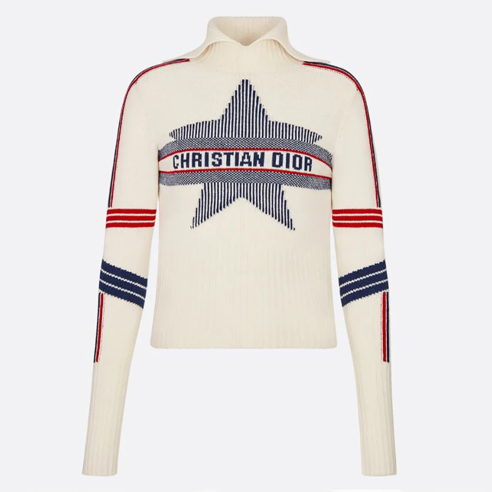 Dior Dioralps Stand Collar Sweater White Three-Tone Dior Star Wool Knit and Cashmere for Women Dior Dioralps Stand Collar Sweater White Three-Tone Dior Star Wool Knit and Cashmere for Women