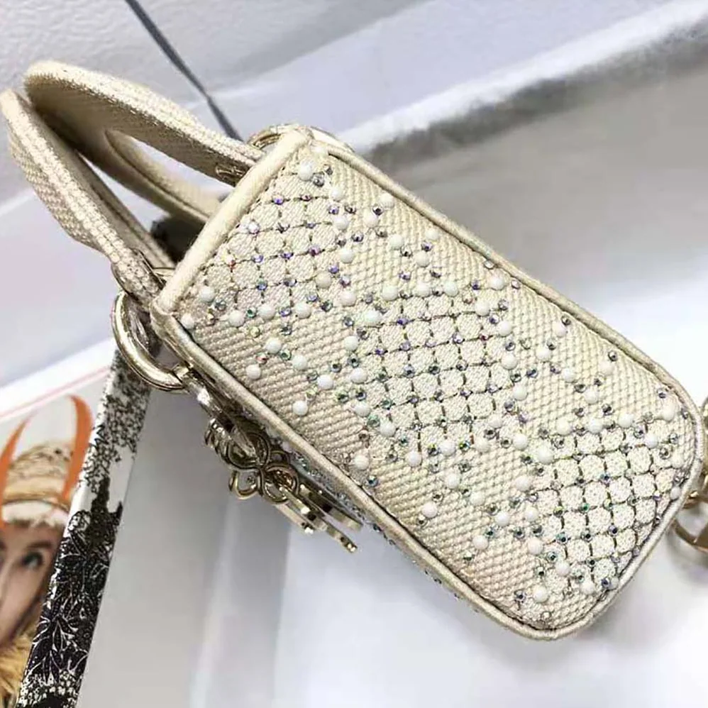 Dior Micro Lady Dior Bag Beige Canvas Embroidered with Metallic Thread Beads and Multicolor Crystals for Women Dior Micro Lady Dior Bag Beige Canvas Embroidered with Metallic Thread Beads and Multicolor Crystals for Women