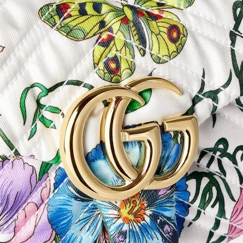 Gucci Marmont Mini Shoulder Bag / White in Multicolor Flora Gold Hardware