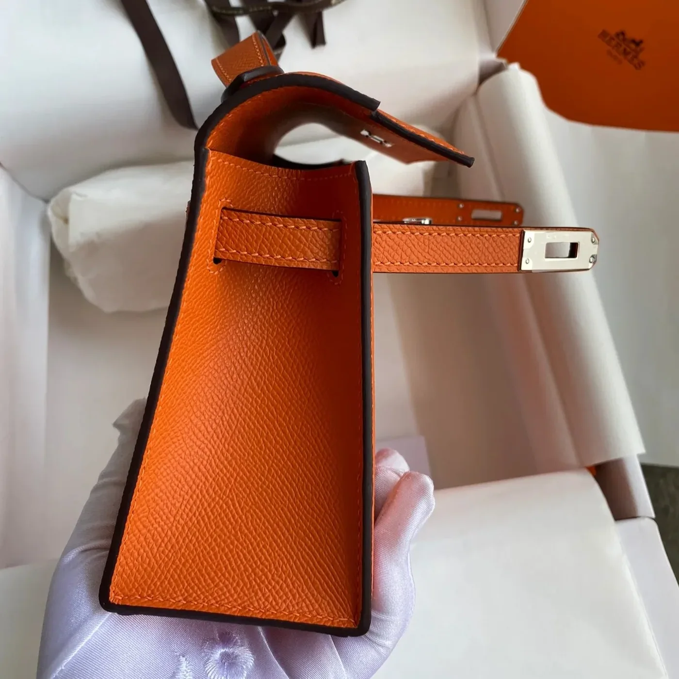 Hermes Kelly Pochette Top Handle Bag in Orange Epsom Palladium Hardware