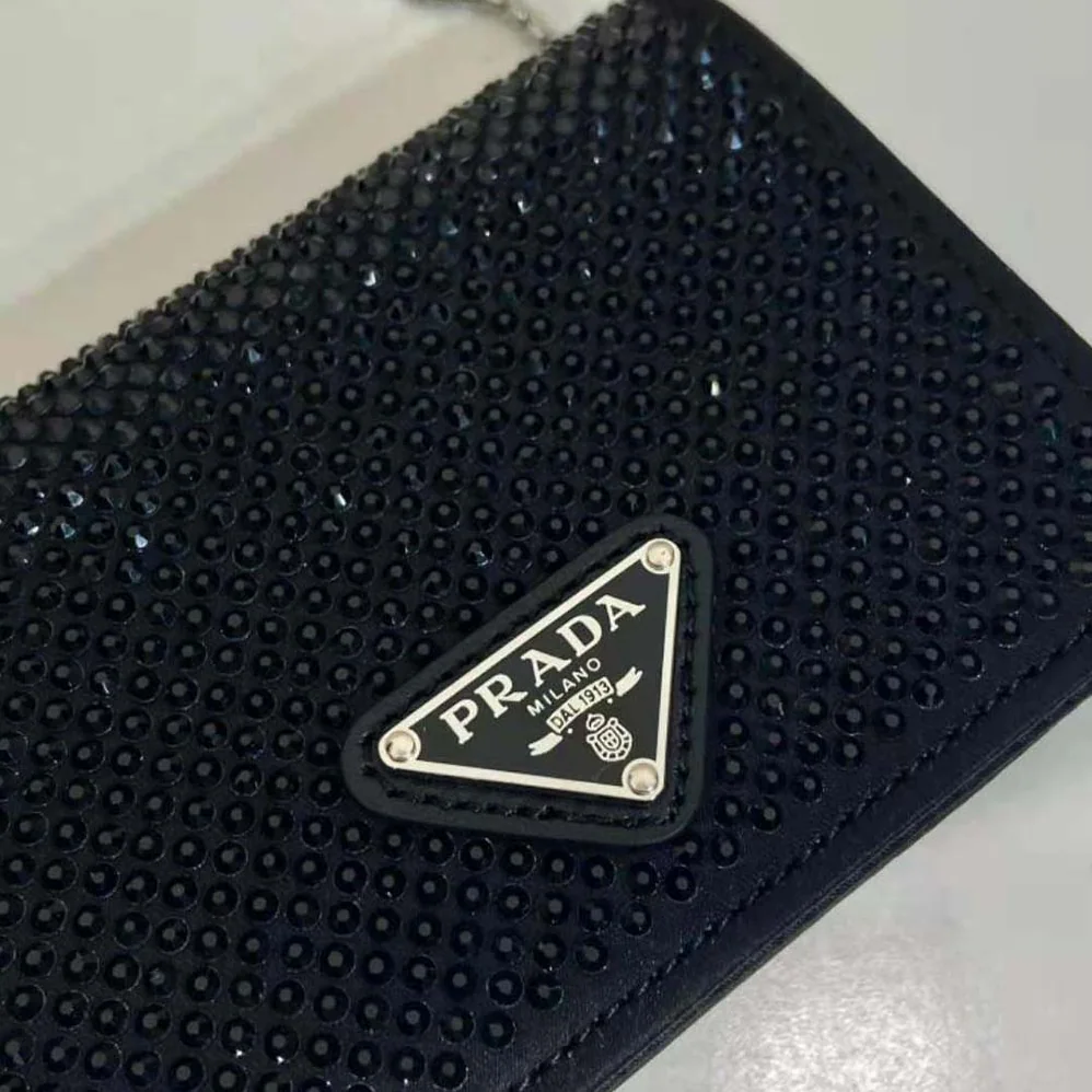 Prada Cardholder with Shoulder Strap and Crystals for Women in Black Prada Cardholder with Shoulder Strap and Crystals for Women in Black