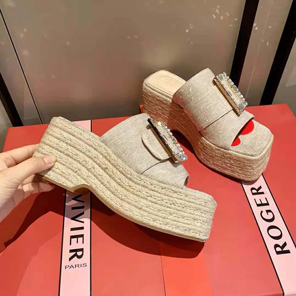 Roger Vivier Strass Buckle Espadrille Platform Mules in Fabrics for Women Roger Vivier Strass Buckle Espadrille Platform Mules in Fabrics for Women