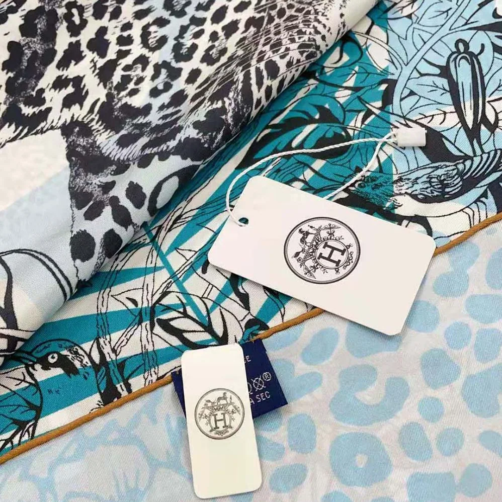Hermes Jungle Love Stamped Scarf 70 in Silk Twill with Hand-Rolled Edges for Women in Blue