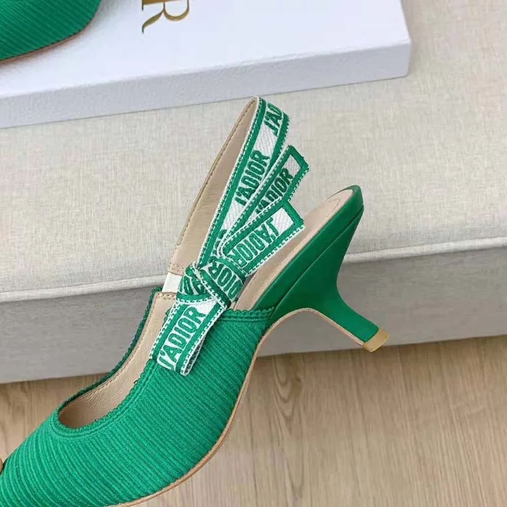 Dior J Adior Slingback Pump Green Cotton Embroidery for Women
