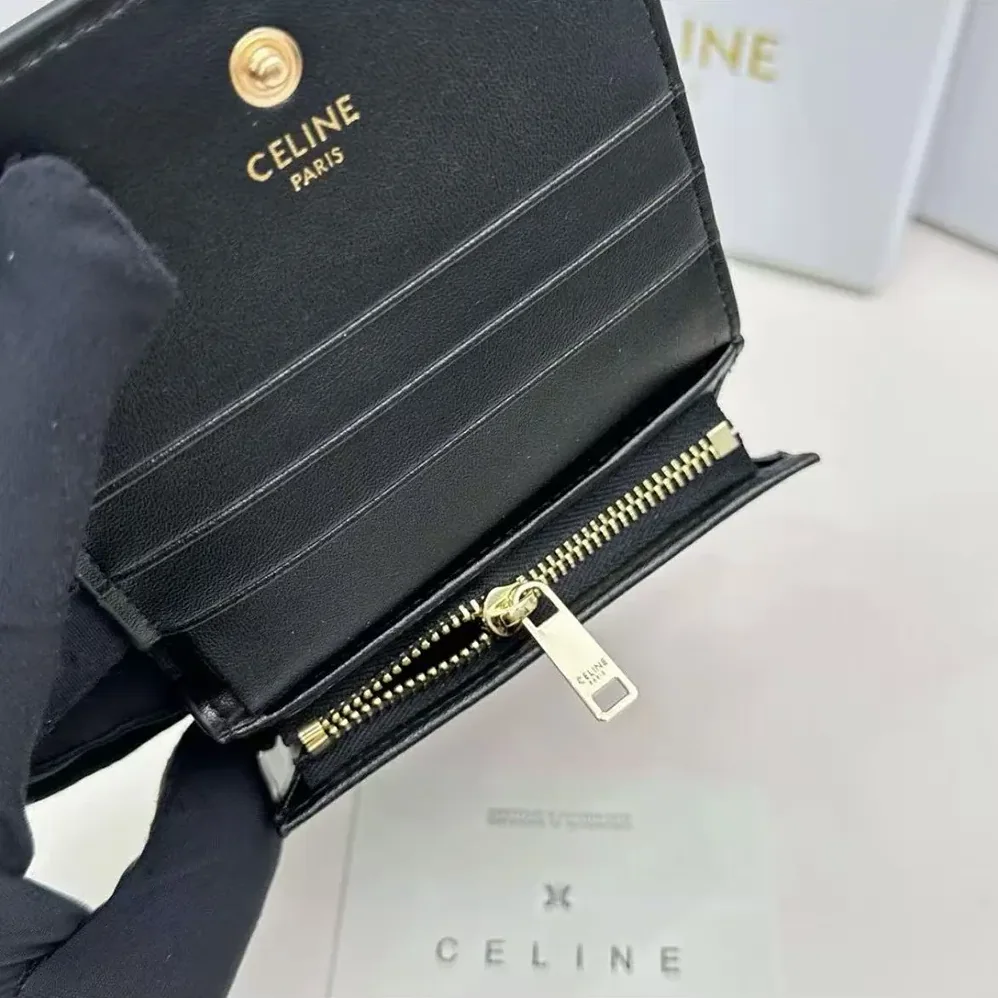 Celine Triomphe Compact Wallet In Shiny Calfskin for Women Celine Triomphe Compact Wallet In Shiny Calfskin for Women