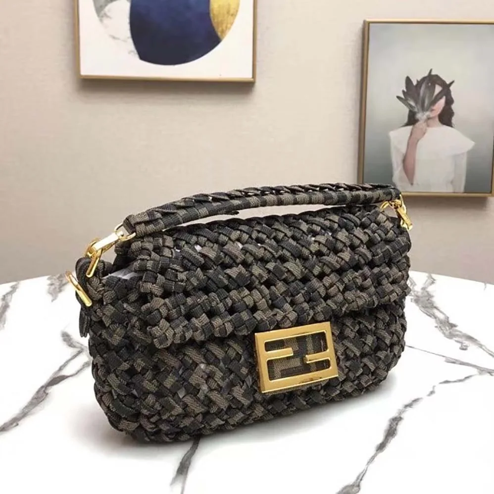 Fendi Baguette Jacquard Fabric Interlace Bag for Women in Olive Fendi Baguette Jacquard Fabric Interlace Bag for Women in Olive