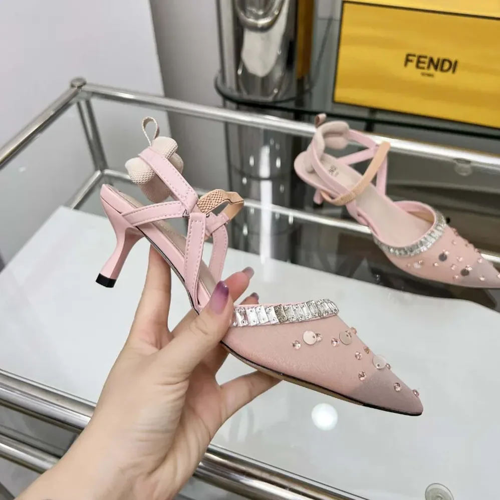 Fendi Colibrì Pink Mesh and Crystals High for Women in heeled Slingbacks