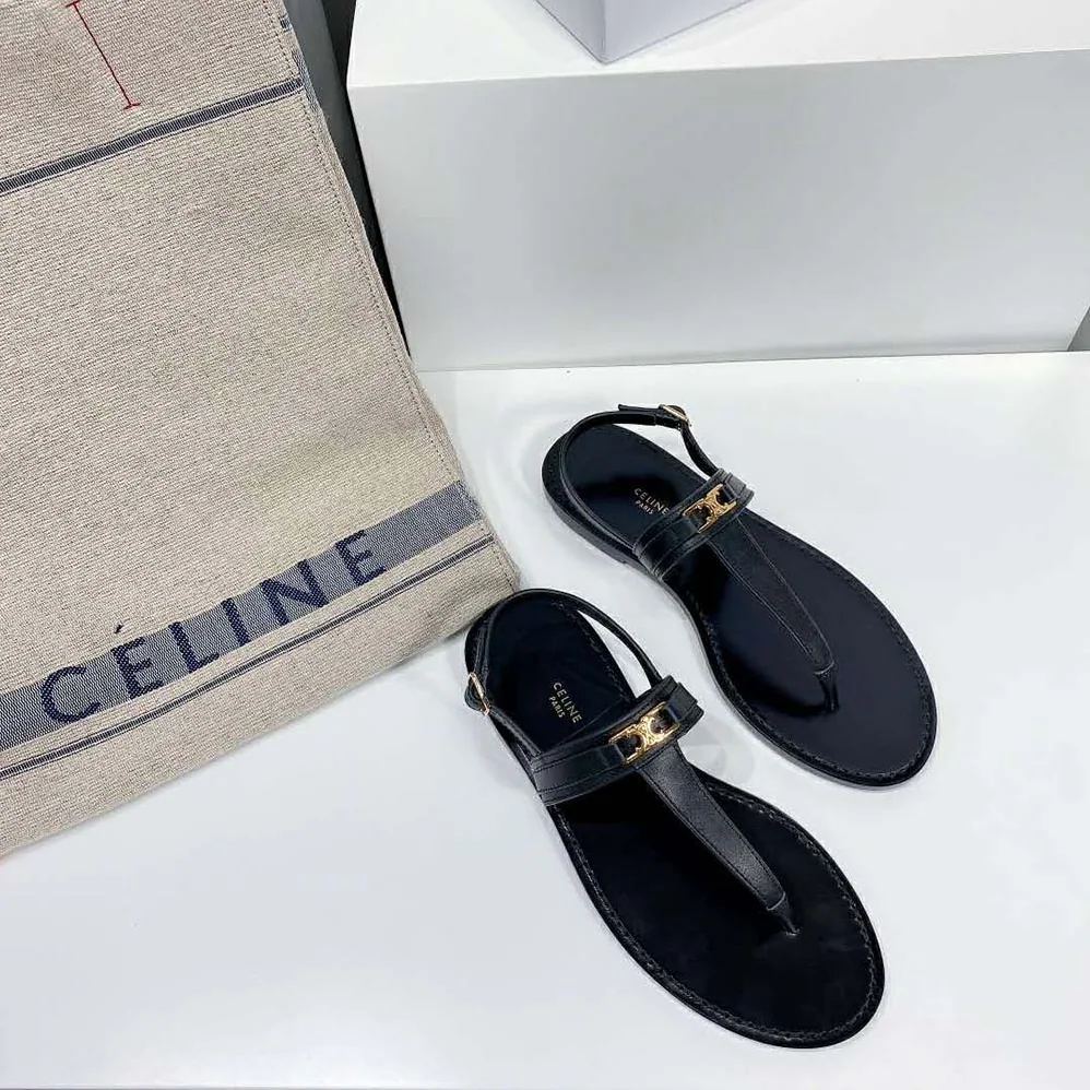 Celine Triomphe Thong in Calfskin for Women in Black Celine Triomphe Thong in Calfskin for Women in Black