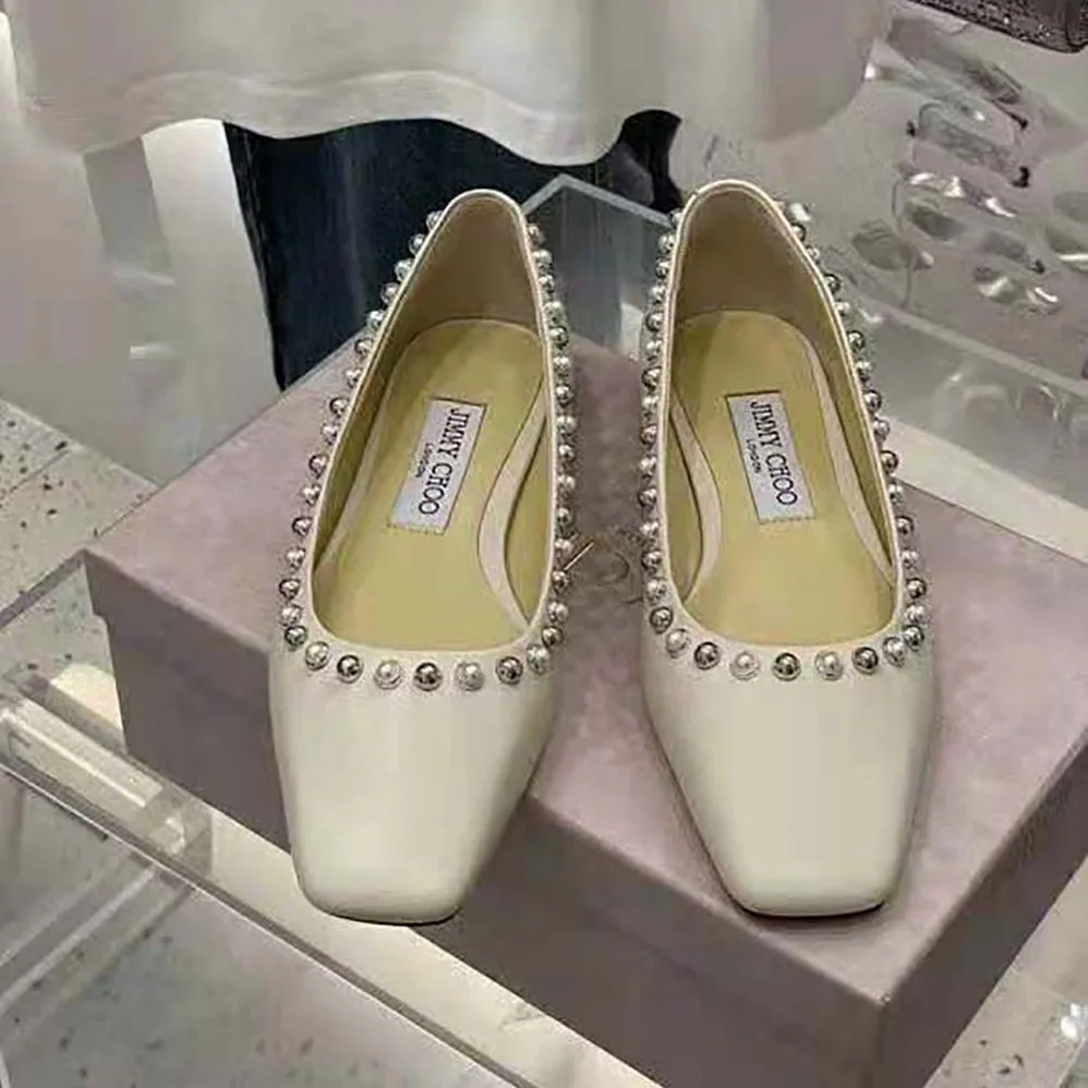 Jimmy Choo Mirele Flat Latte Nappa Leather Flats with Pearl Outline for Women