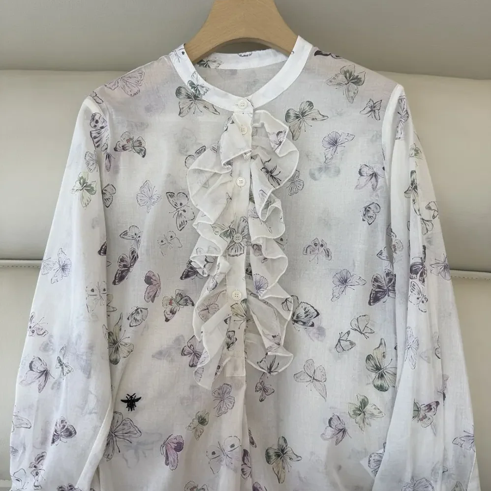 Dior Blouse with Ruffled Neckline Beige Cotton Muslin with Multicolor Butterfly Motif for Women Dior Blouse with Ruffled Neckline Beige Cotton Muslin with Multicolor Butterfly Motif for Women