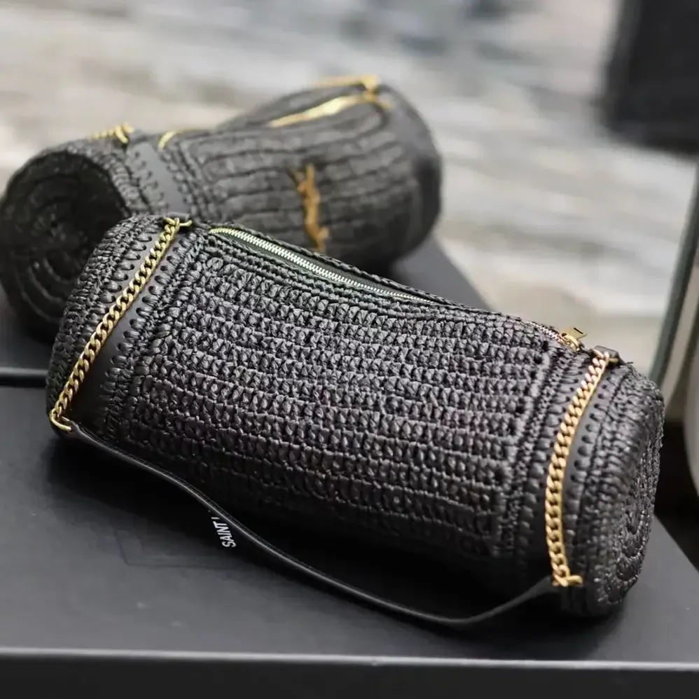 Saint Laurent YSL Cassandre Small Cylinder Bag in Raffia and Vegetable for Women in tanned Leather Saint Laurent YSL Cassandre Small Cylinder Bag in Raffia and Vegetable for Women in tanned Leather