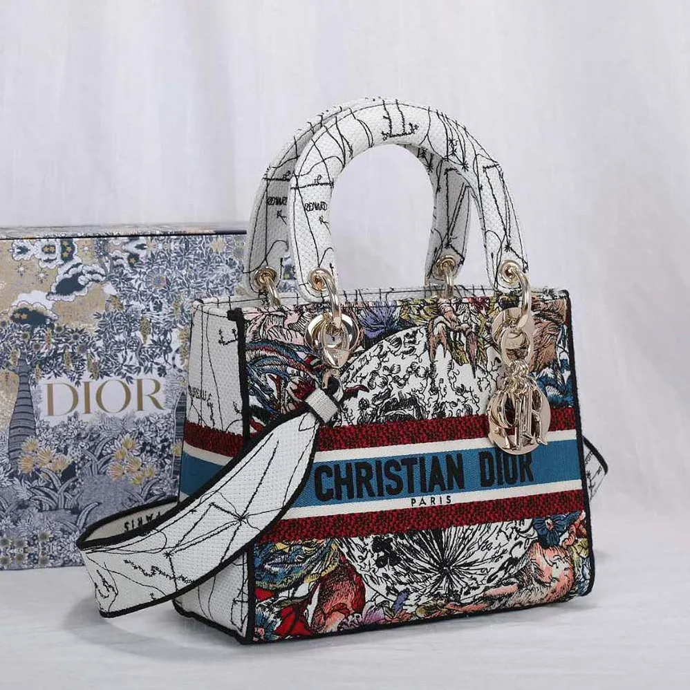 Dior Medium Lady D-lite Bag Latte Multicolor Dior Constellation Embroidery for Women in White