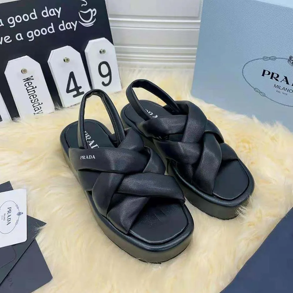 Prada Nappa Leather Flatform Sandals for Women in Black Prada Nappa Leather Flatform Sandals for Women in Black