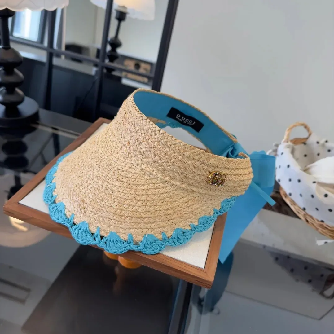 Gucci Crochet-Trimmed Visor Beige/ Blue Straw Gucci Crochet-Trimmed Visor Beige/ Blue Straw