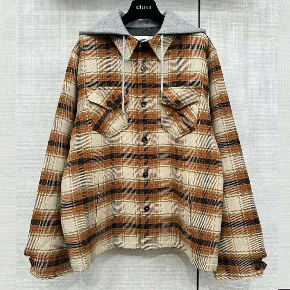 Celine Hooded Overshirt in Checked Wool for Men Celine Hooded Overshirt in Checked Wool for Men