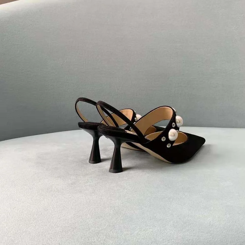 Jimmy Choo Breslin 100 Black Suede Slingbacks with Pearl and Stud Embellishment for Women
