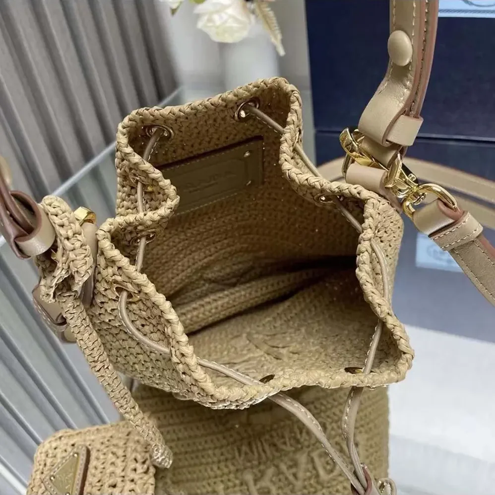 Prada Mini Crochet and Leather Bucket Bag for Women in Natural