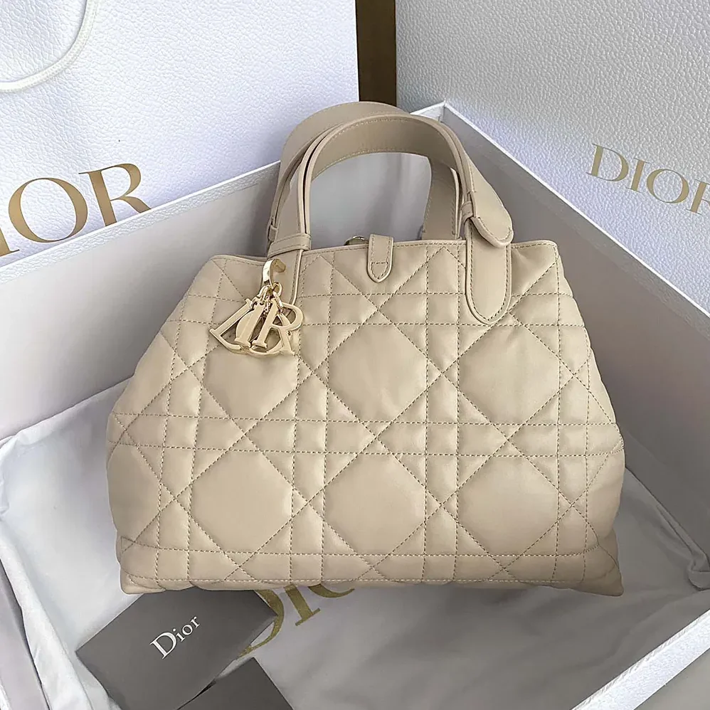 Dior Medium Dior Toujours Bag Powder Beige Macrocannage Calfskin for Women