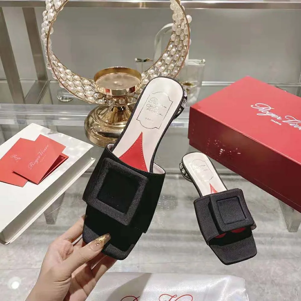 Roger Vivier Strass Heel Covered Buckle Mules in Satin for Women in Black Roger Vivier Strass Heel Covered Buckle Mules in Satin for Women in Black