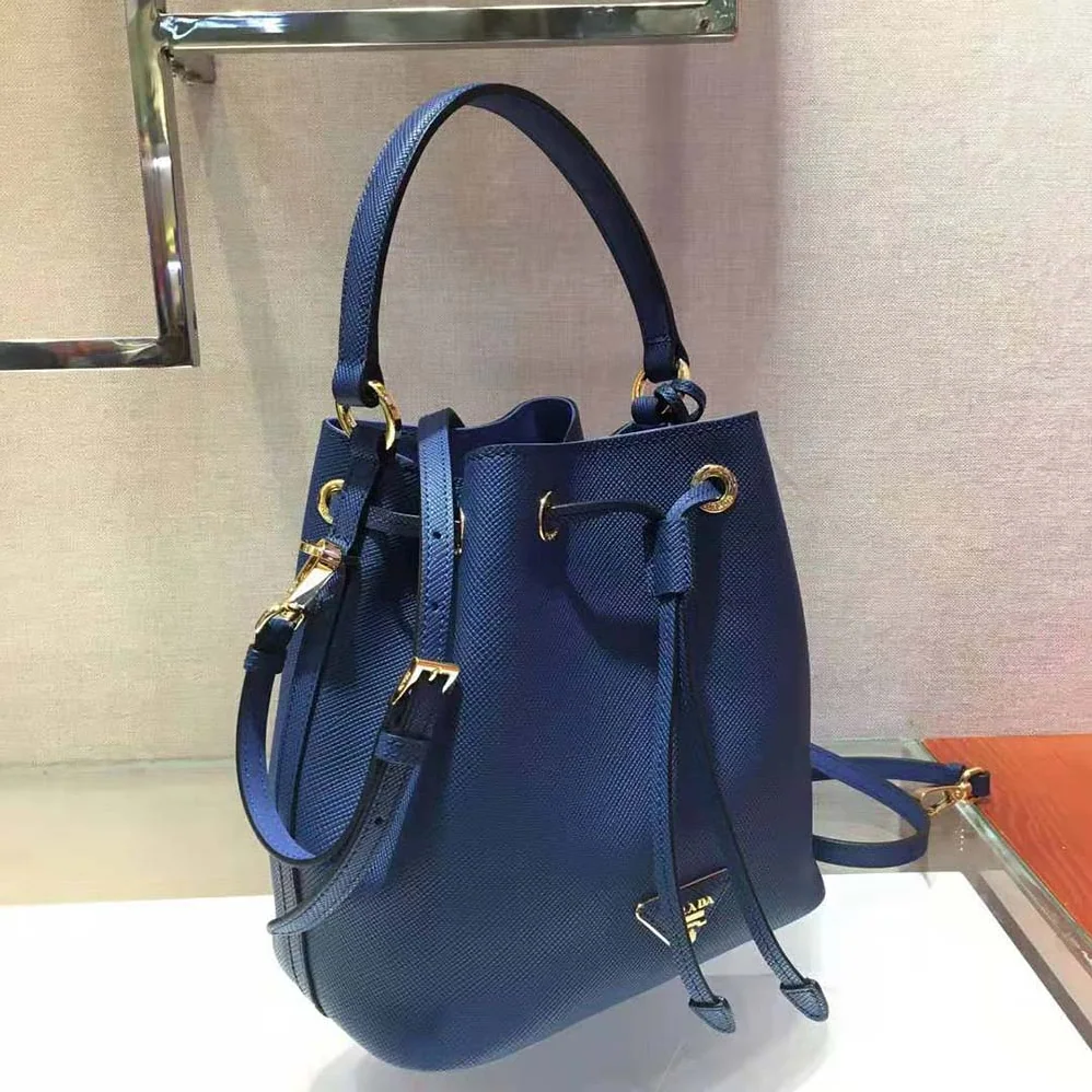 Prada Saffiano Leather Bucket Bag for Women in Navy
