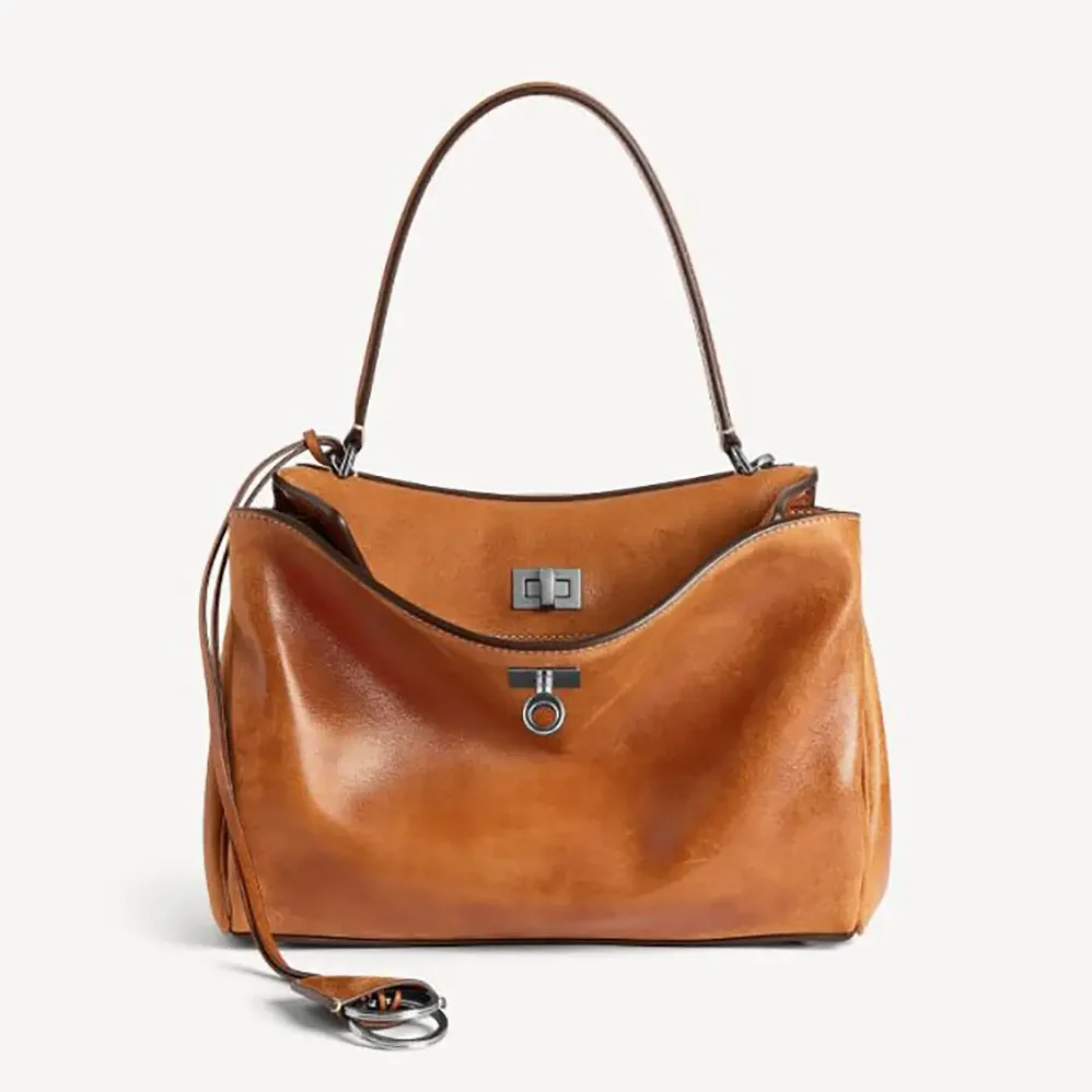 Balenciaga Rodeo Handbag Small in Tan Cowboy Vegetable Tanned Lambskin Aged for Women in silver Hardware