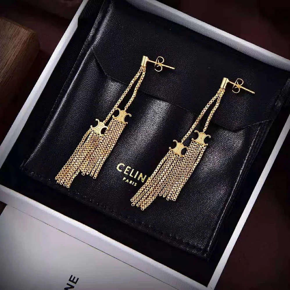 Celine Triomphe Folk Pompon Earrings in Brass with Gold Finish for Women