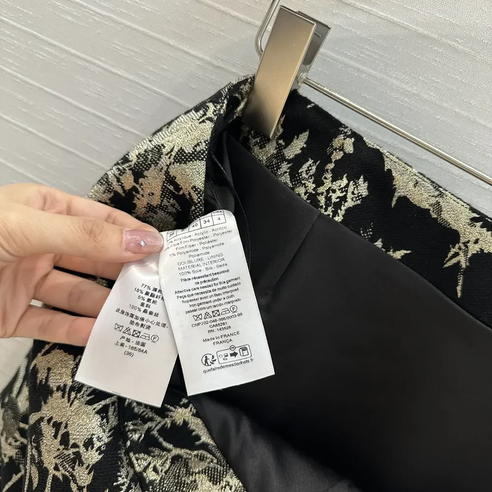 Dior Mid-Length Straight Skirt Black Technical Fabric with Gold for Women in Tone Dior Chardons Motif
