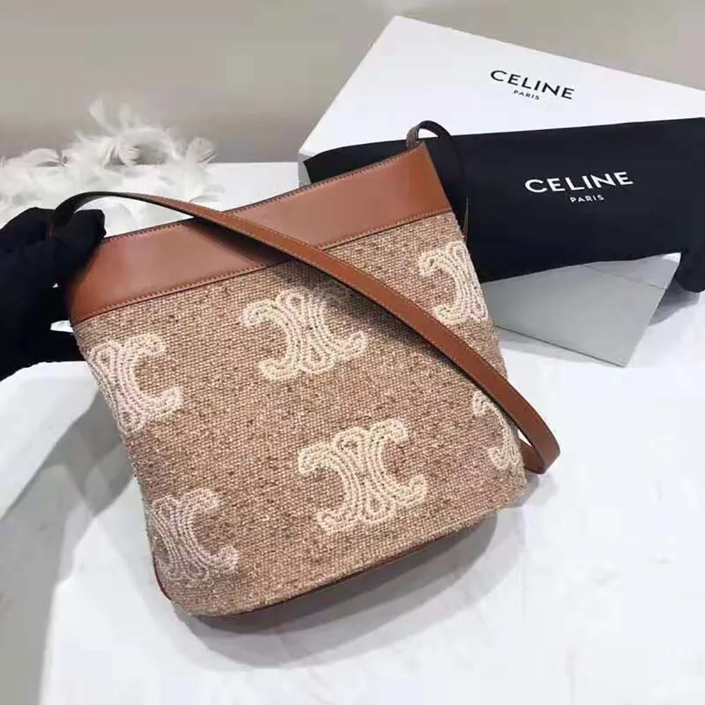 Celine Small Soft Bucket Bag in Triomphe Jacquard and Calfskin for Women Celine Small Soft Bucket Bag in Triomphe Jacquard and Calfskin for Women