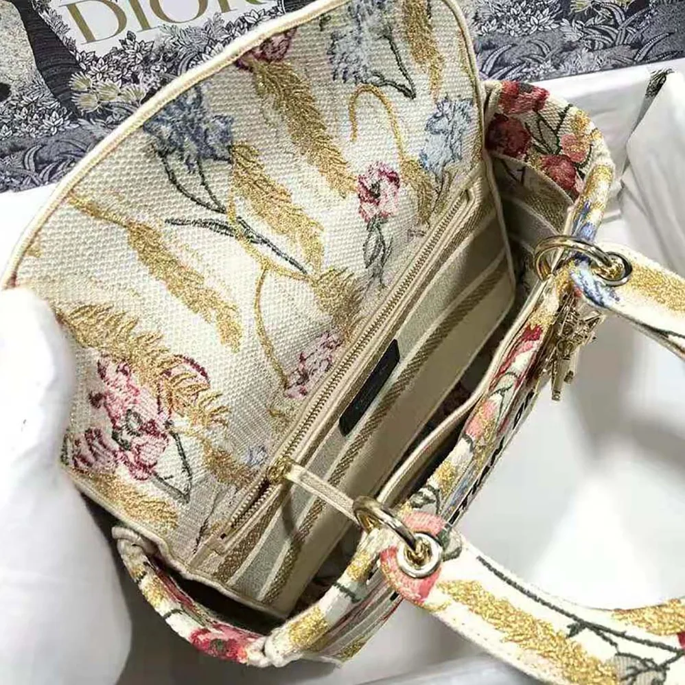 Dior Medium Lady D-lite Bag Beige Multicolor Dior Hibiscus Metallic Thread Embroidery for Women