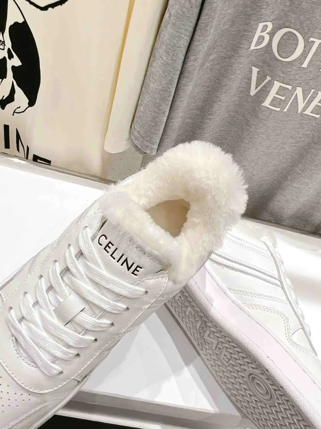 Celine Trainer Low Lace-Up Sneaker In Fur White Celine Trainer Low Lace-Up Sneaker In Fur White