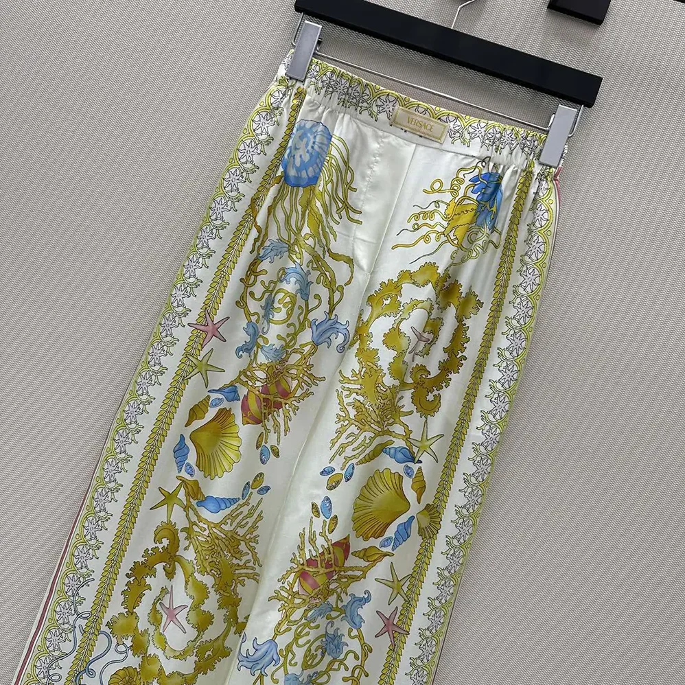 Versace Underwater Barocco Silk Pants for Women in Yellow