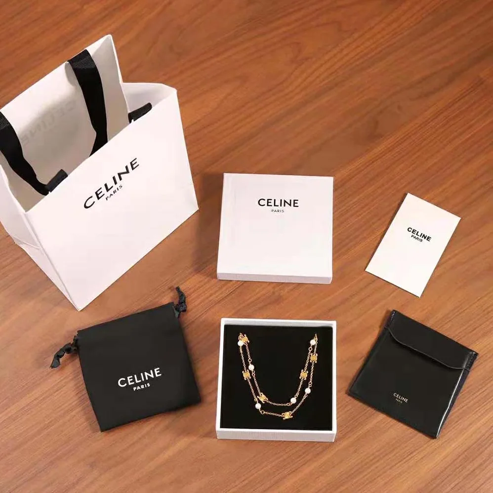 Celine Triomphe Pearl Double Necklace in Brass with Gold Finish and Resin Pearls for Women