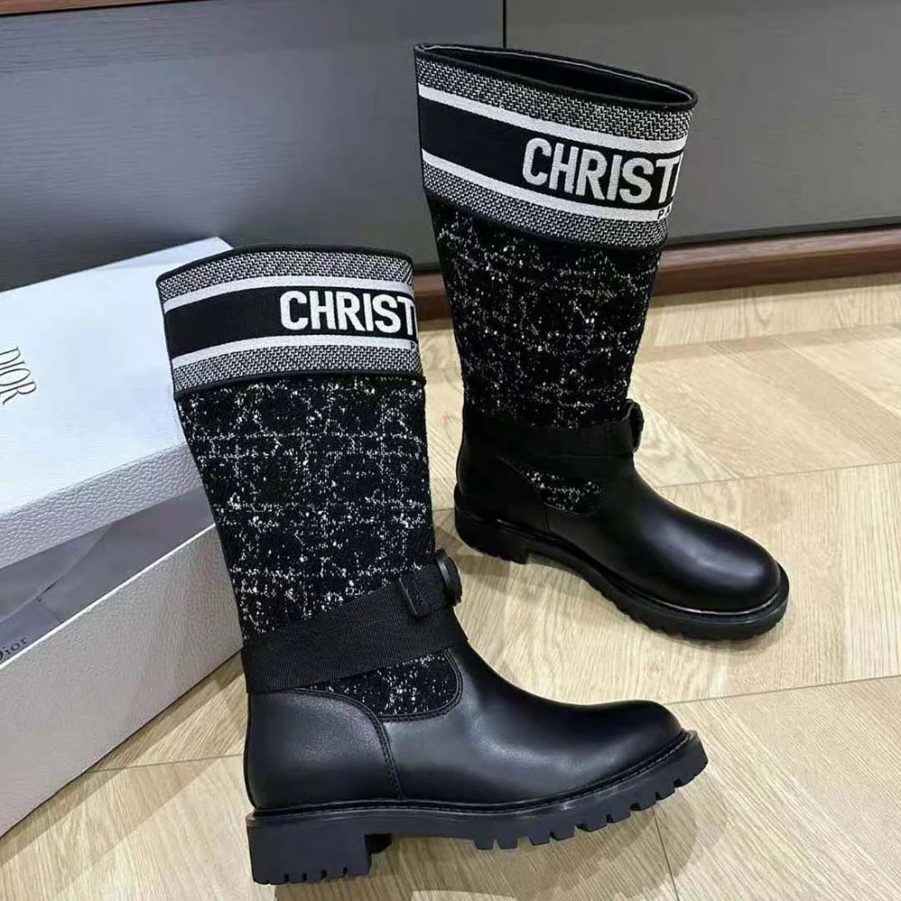 Dior D-Major Boot Black Calfskin with Black and White Cannage Tweed for Women Dior D-Major Boot Black Calfskin with Black and White Cannage Tweed for Women