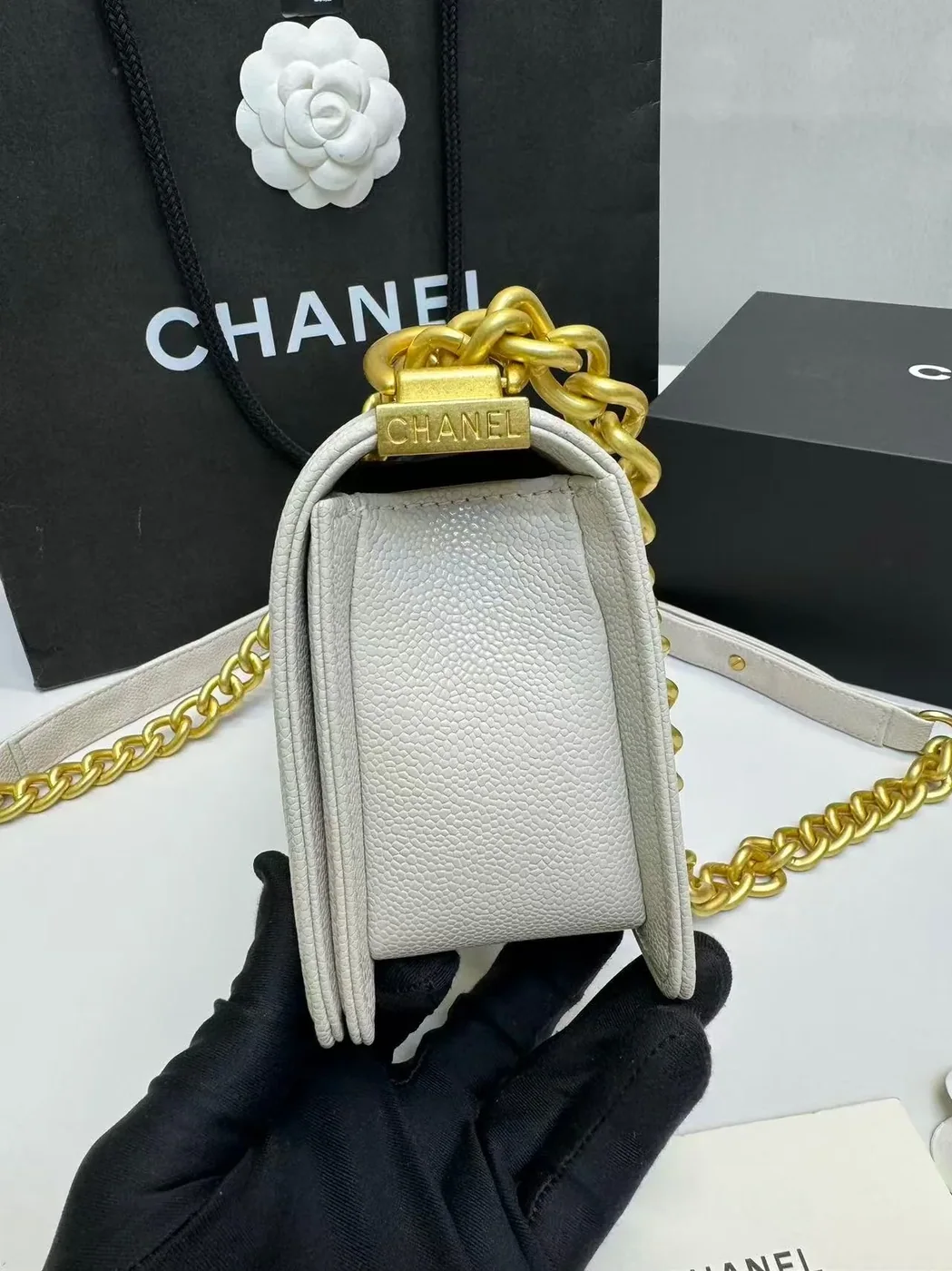 Chanel Boy Small Crossbody Bag in Ivory Gold Hardware