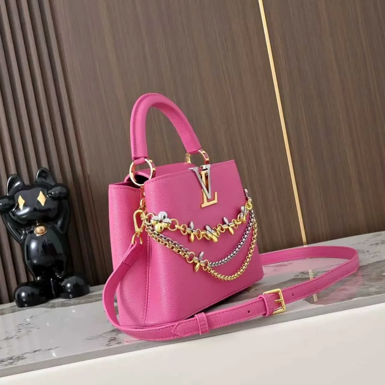 Louis Vuitton Capucines BB Top Handle Bag in Raspberry Silver/ Gold Hardware