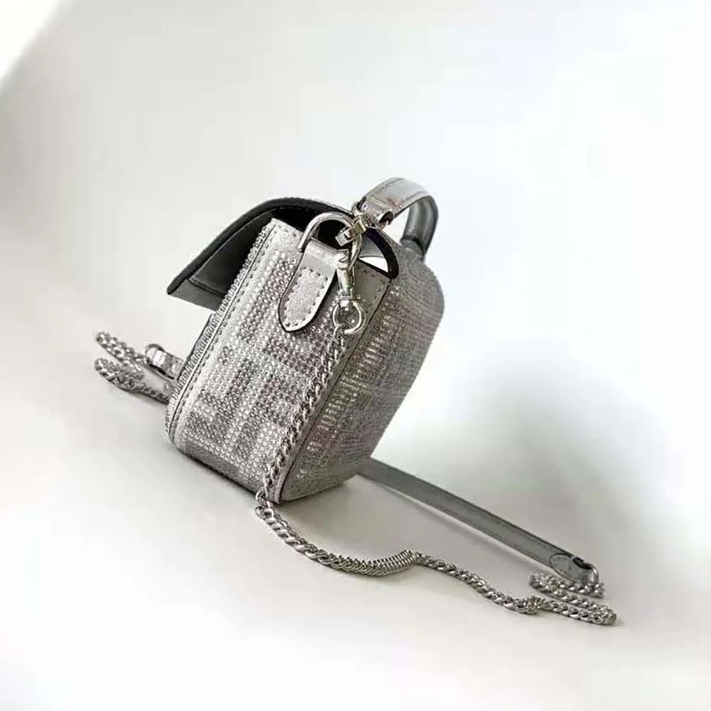 Fendi Baguette Mini Silver Leather Bag with Crystal FF Motif for Women Fendi Baguette Mini Silver Leather Bag with Crystal FF Motif for Women