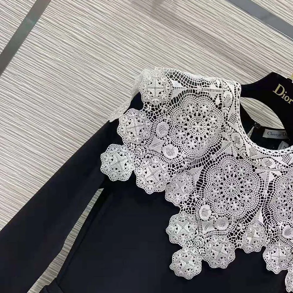 Dior Mid-Length Pleated Dress Black Technical Jersey and White Lace for Women Dior Mid-Length Pleated Dress Black Technical Jersey and White Lace for Women