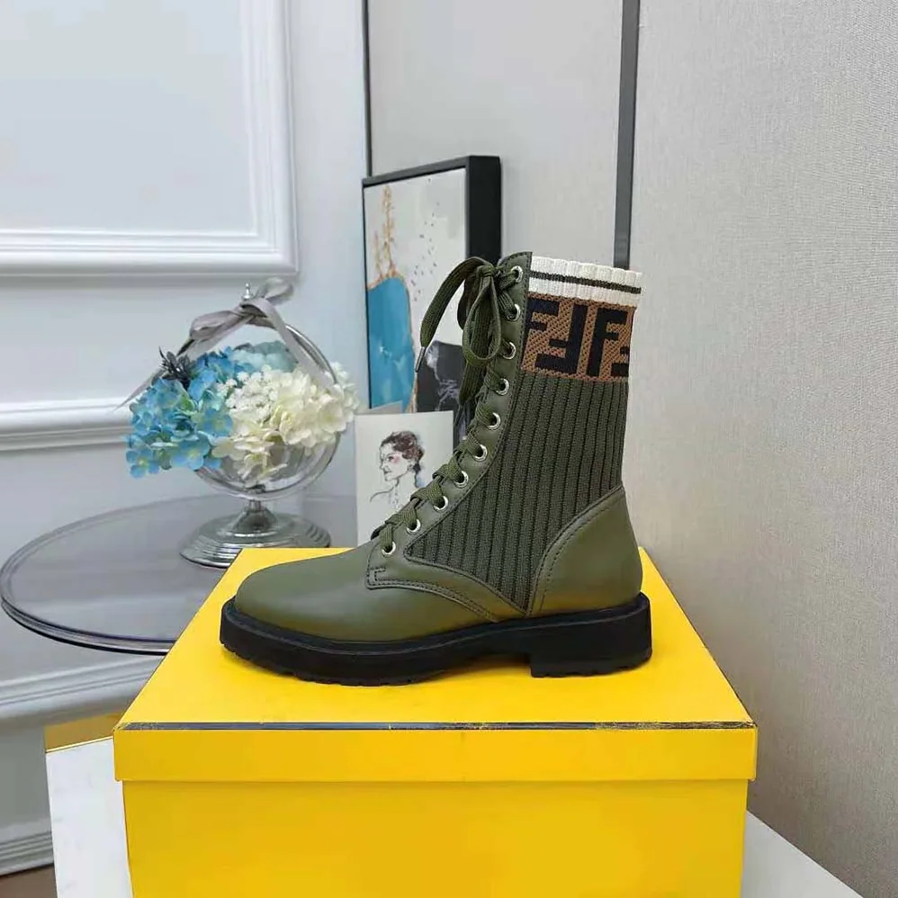 Fendi Rockoko Green Leather Biker Boots with Sstretch Fabric for Women