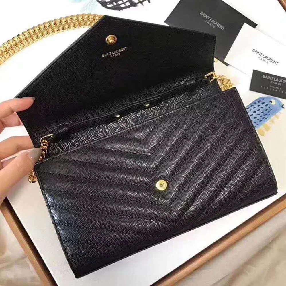 Saint Laurent Monogram Chain Wallet Grain De Poudre Embossed in Gold