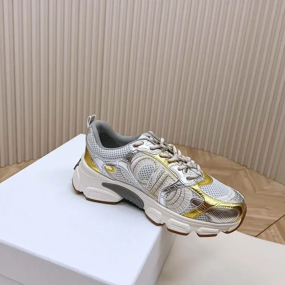 Dior Chrono Sneaker Beige Mesh with Gold-Tone and Silver-Tone Laminated Leather for Women in Effect Panels