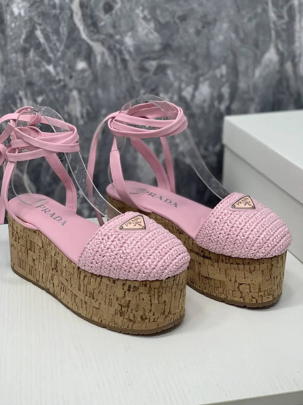 Prada Crochet Wedge Sandals Pink