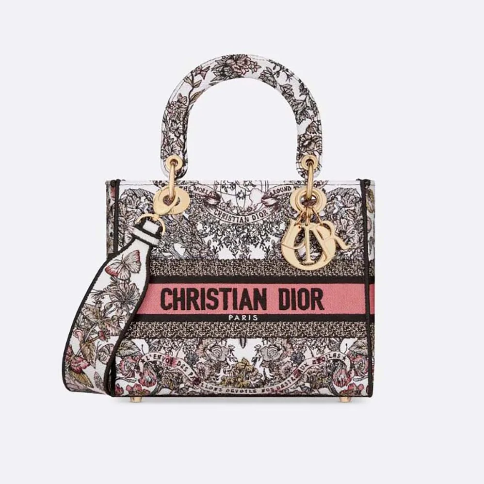 Dior Medium Lady D-lite Bag White and Pastel Pink Butterfly Around The World Embroidery for Women Dior Medium Lady D-lite Bag White and Pastel Pink Butterfly Around The World Embroidery for Women