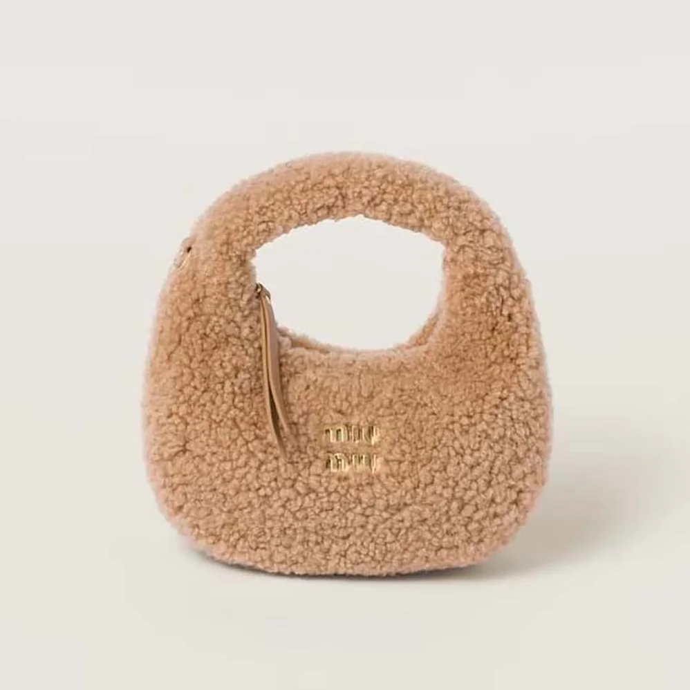 Miu Miu Wander Shearling Hobo Bag with Leather Details for Women in Sandy