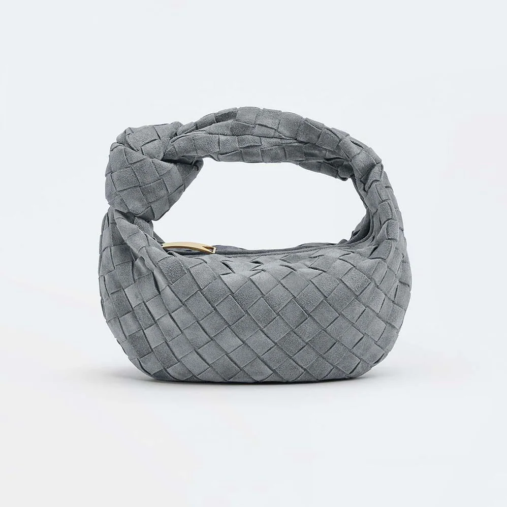 Bottega Veneta Mini Jodie Mini Intrecciato Suede Top Handle Bag for Women in Gray Bottega Veneta Mini Jodie Mini Intrecciato Suede Top Handle Bag for Women in Gray