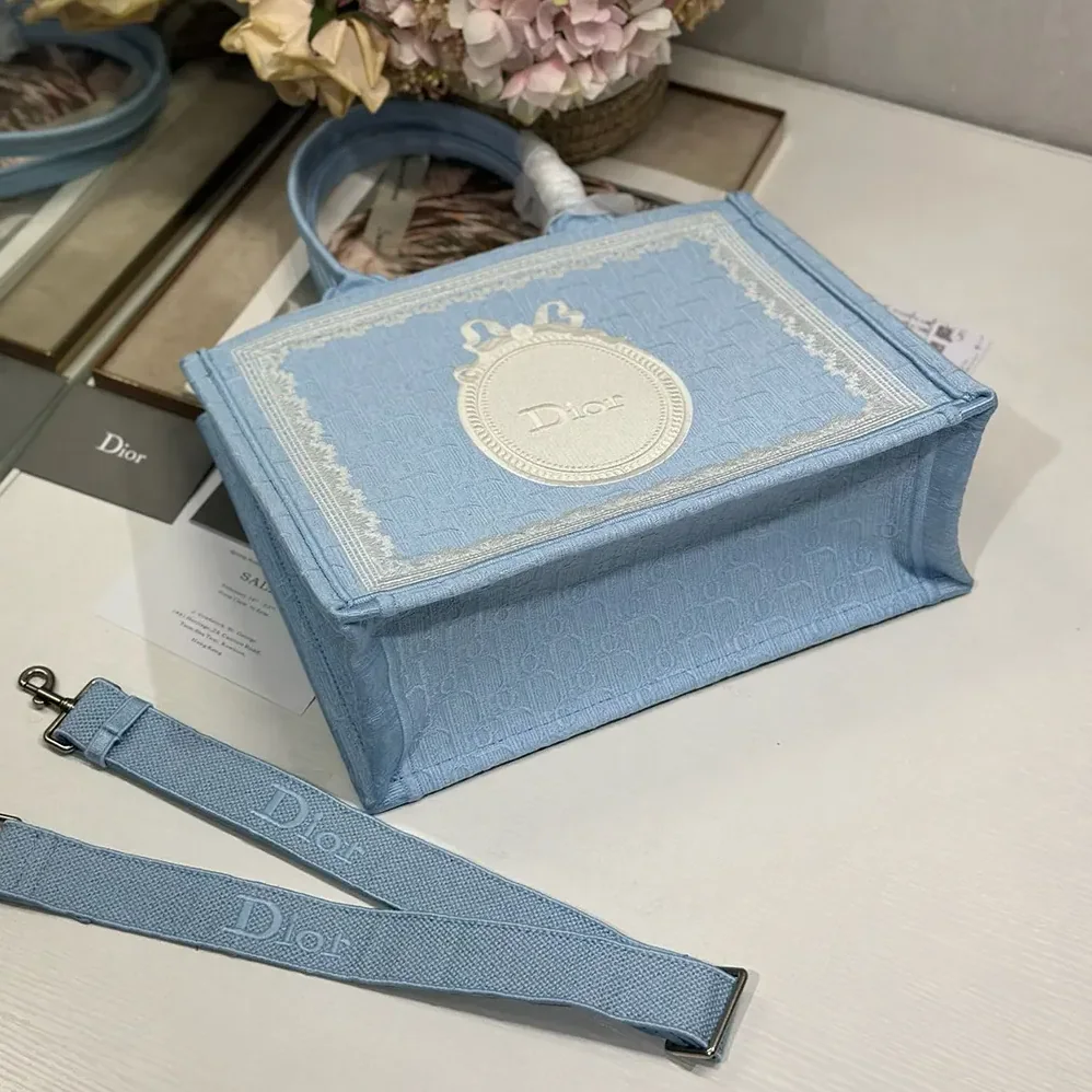 Dior Medium Dior Book Tote with Strap Blue Dior Oblique Embroidery with White Lace and Dior Médaillon for Women Dior Medium Dior Book Tote with Strap Blue Dior Oblique Embroidery with White Lace and Dior Médaillon for Women