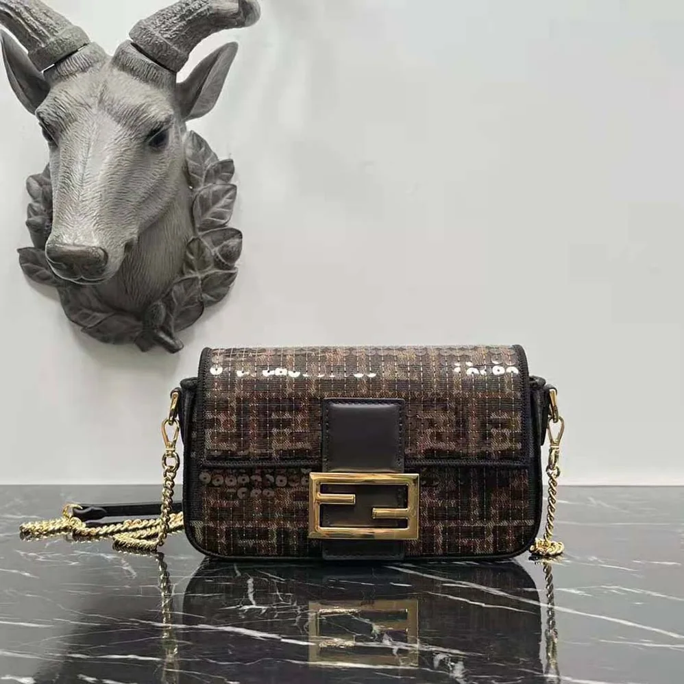 Fendi Baguette Mini Brown FF Jacquard Fabric Bag with Sequins for Women Fendi Baguette Mini Brown FF Jacquard Fabric Bag with Sequins for Women