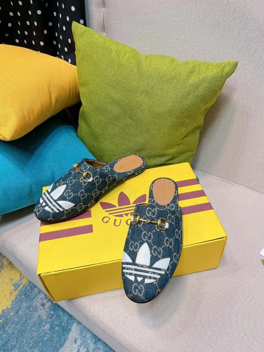 Gucci x Adidas GG Trefoil Slipper Blue for Women