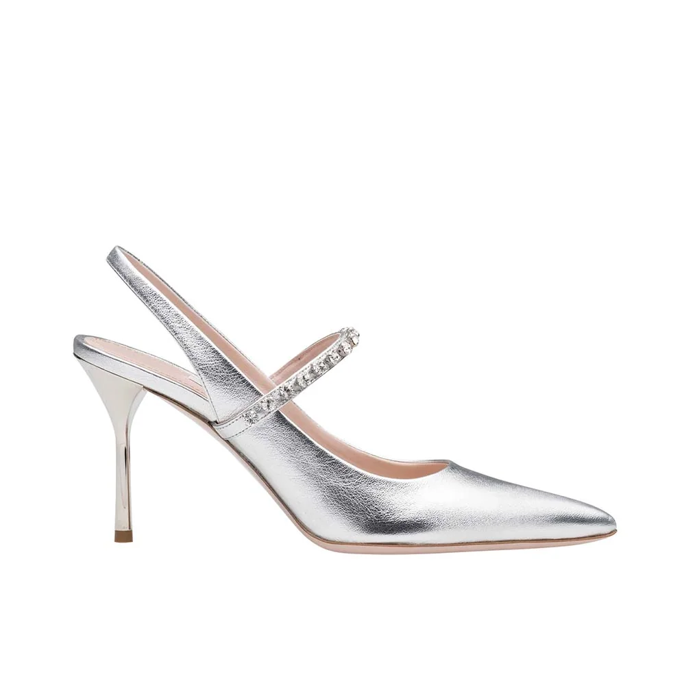 Miu Miu Shoes Nappa Leather Slingbacks with Crystals 85mm Heel for Women in Silver