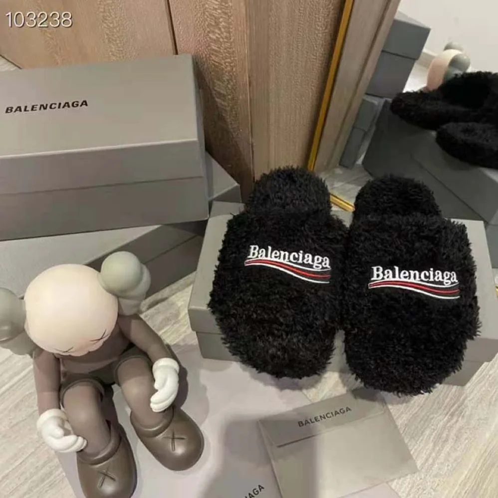 Balenciaga Furry Slide Sandal in Black Fake Shearling white Political Campaign Embroideries for Women